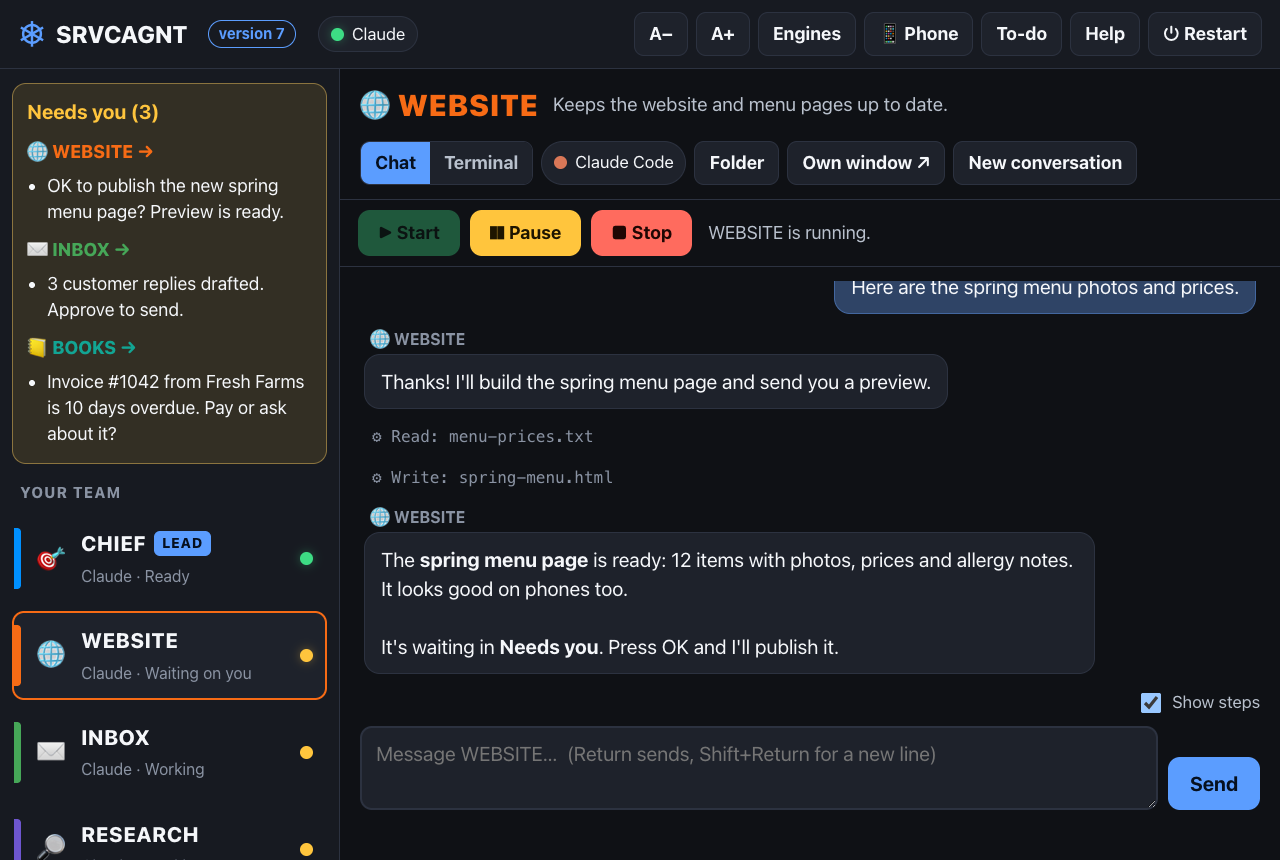 An agent's chat with its steps shown, waiting for an OK to publish