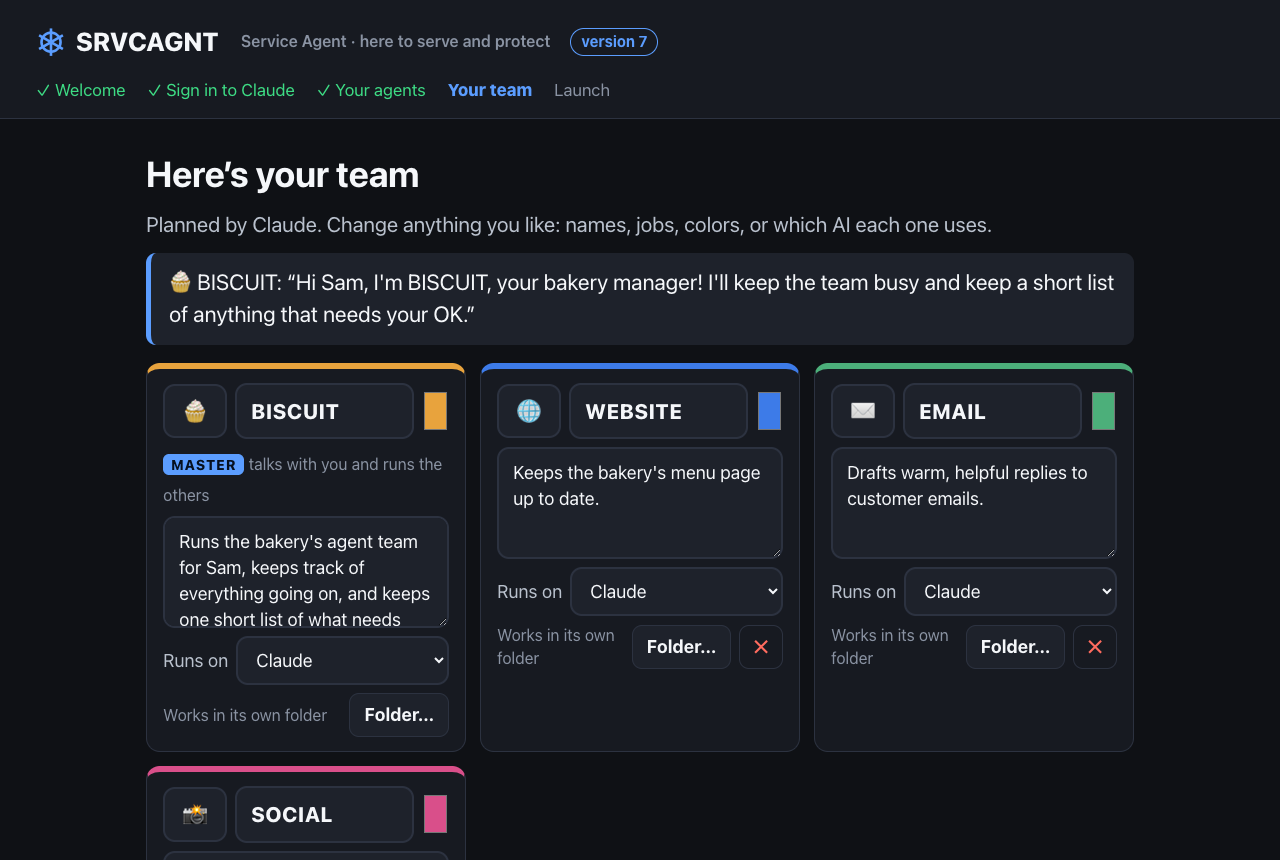 Setup: the team SRVCAGNT planned, ready to edit before launch